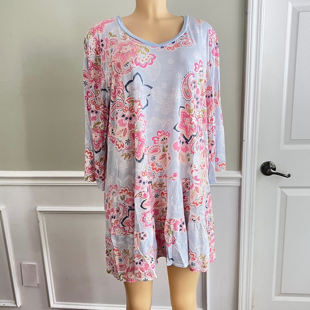 Ellen Tracy Nightgown XXL 3/4 Sleeve Tiered Paisley Floral Blue Cottage Cozy